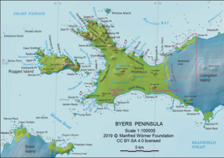 Karte der Byers-Halbinsel (Livingston-Insel) mit der Urvich Wall (rechts der Mitte)