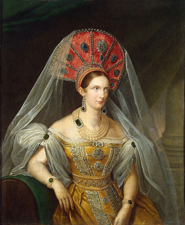 Alexandra Fedorovna in yellow Russian dress (1836, A.Malyukov, Hermitage).jpg