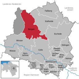 Läget för staden Bergen, Niedersachsen i Landkreis Celle