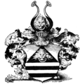 Hersehender Löwenkopf mit Ring im Maul (Türklopfer) im Schild und Oberwappen