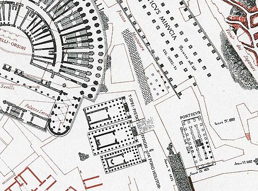 De tre antikka templer på Forum Holitorium. Utsnitt fra Rodolfo Lancianis kart over det antikke Roma fra år 1893–1901.