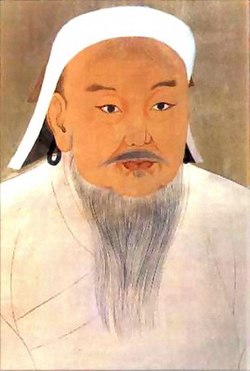 Portrait de Gengis Khan.Encre et aquarelle sur soie.
