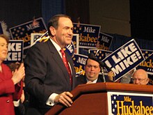 Mike Huckabee giving his concession speech after the 2008 South Carolina Presidential Primary in Columbia, SC. Huckabee SC concession.JPG