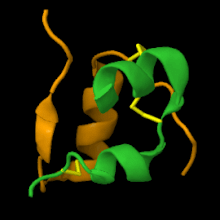 Modélisation 3D d'une molécule d'insuline, avec la chaîne A en orange, la chaîne B en vert, et les ponts disulfures en jaune