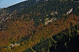 Le site de la Pinosa vue depuis l'ouest. Les ruines de la colonie minière sont surplombées par des travaux miniers.