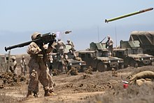 A U.S. Marine fires a FIM-92 Stinger missile during a July 2009 training exercise in California. Launched FIM-92A Stinger missile.jpg