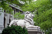 One of the lions at the main entrance to the New York Public Library Lion sculpture, New York Public Library, New York, NY 07422u original.jpg