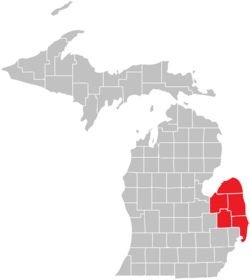 The Thumb Counties highlighted in Red