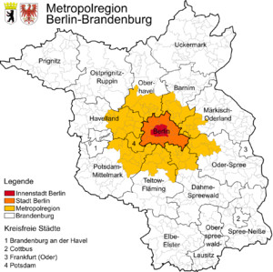 Map of the Berlin/Brandenburg Metropolitan Region  Berlin agglomeration  City of Berlin  Berlin city centre