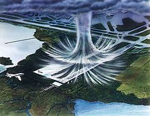 Illustration of a microburst. The air moves in a downward motion until it hits ground level. It then spreads outward in all directions. Microburstnasa.JPG