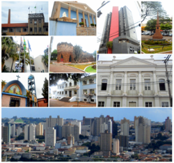 From the left to the right: the Prada Building, the Fraternity Palace, Commercial Centre Edifice, revolutionary monument on Toledo Barros plaza, the Spencer Vampré City Forum, the Grotto, the Levy Manour, St. Thérèse of Lisieux Church, E.E. Brasil high school and skyline seen from Jd. Planalto.