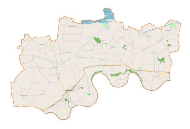 Mapa konturowa gminy Nowe Brzesko, blisko centrum na dole znajduje się punkt z opisem „Nowe Brzesko”