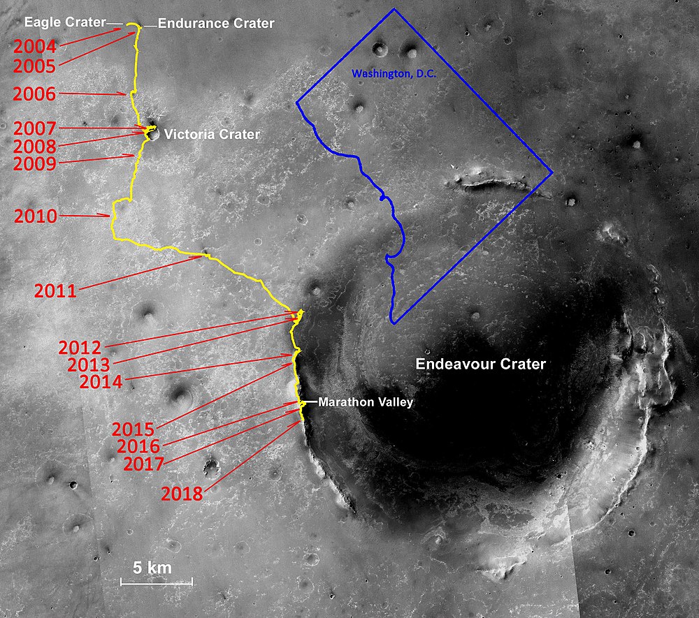 Lifetime progress map with Washington, D.C. overlay for size and distance comparison. Opportunity rover lifetime progress map.jpg