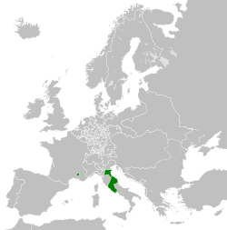 Map of the Papal States (green) in 1789 before the French seized papal lands in France, including its exclaves of Benevento and Pontecorvo in Southern Italy, and the Comtat Venaissin and Avignon in Southern France.