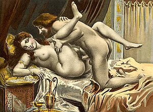 Sexual intercourse in the missionary position depicted by Edouard-Henri Avril (1892) Paul Avril - Les Sonnetts Luxurieux (1892) de Pietro Aretino, 2.jpg