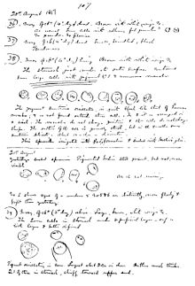 The notebook in which Ronald Ross first described pigmented malaria parasites in stomach tissues of an Anopheles mosquito, 20 and 21 August 1897 Ross, 20.Aug.1897.jpg