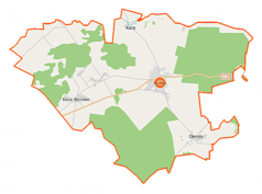 Mapa konturowa gminy Rudka, blisko centrum na prawo znajduje się punkt z opisem „Parafia pw. Trójcy Przenajświętszej w Rudce”