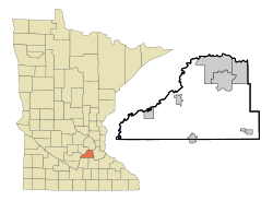 齊默曼在舍本縣及明尼蘇達州的位置（以紅色標示）