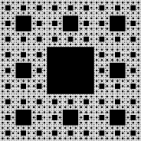 Sierpinski carpet (to level 6), a fractal with a topological dimension of 1 and a Hausdorff dimension of 1.893 Sierpinski carpet 6.svg