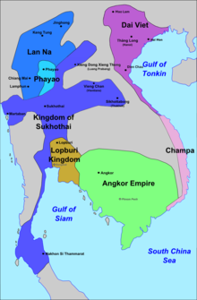 The Sukhothai Kingdom at its greatest extent during the late 13th century under the reign of King رام کھامہائنگ