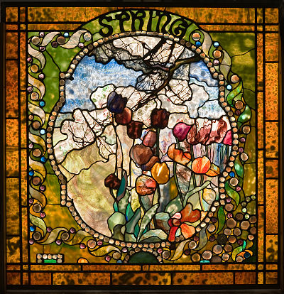 The "Spring" panel from The Four Seasons. This panel was on display at Tiffany's Long Island estate, "Laurelton Hall", and is now in the permanent collection of the Charles Hosmer Morse Museum of American Art. Spring panel from the Four Seasons leaded-glass window by Louis Comfort Tiffany.jpg