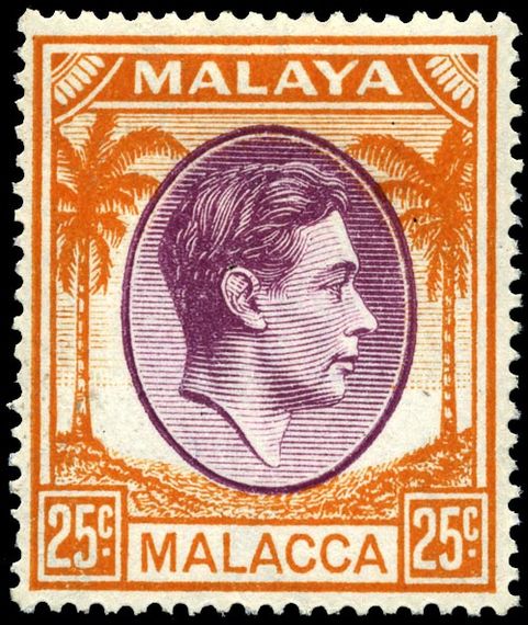 Марка Малакки с надписью «Malaya Malacca» («Малайя. Малакка») и с изображением Георга VI и пальм, номиналом в 25 центов, 1949 (Sc #?)