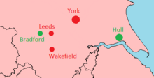 A map showing the allegiance of the major towns in the south of Yorkshire prior to the capture of Leeds. Towns marked red were held by the Royalists, and green by the Parliamentarians. State of the Civil War in Yorkshire, January 1643.png