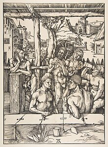 Stampa di Dürer nella quale uomini nudi prendono il bagno in ampie vasche all'aperto, intrattenuti da un paio di musicanti che suonano il piffero