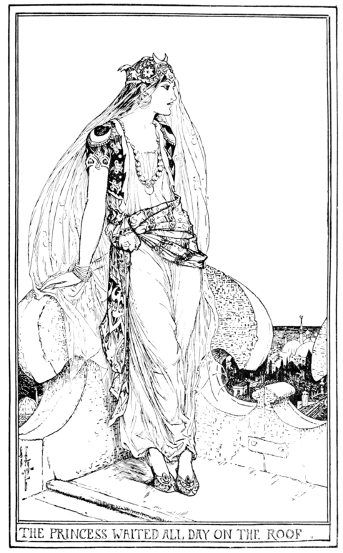 black and white illustration of a young woman on a flat roof, leaning on a decorative corner railing. She is wearing a "Turkish" outfit with a some kind of ornate hat with a long veil, a vest, an asymmetrical sash, a large necklace, loose gauzy trousers, and pointed slippers. Behind and below her a bit of a cityscape is visible.