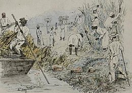 Suikerrietoogst, getekend door plantage-eigenaar Théodore Bray, circa 1850
