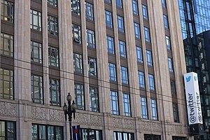 The building in 2016, with a Twitter sign at the intersection of Market and Tenth Streets Twitter headquarters in San Francisco (TK2).JPG