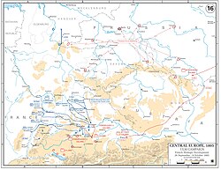 Kartskisse med prikkede blå linjer som viser omringingen av den østerrikske arméen, vist med prikkede røde linjer.