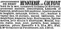 Annonce de la vente de la minoterie du Couffont (Couffon), située sur le Quillimadec, à la limite des communes de Guissény et Kerlouan (Le Figaro du 21 juin 1878).