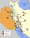 מפת ״מלחמת הערים״ ממלחמת איראן עיראק, המלחמה בה בוצע השימוש המרבי בטילי שיהאב-1. באדום מסומנים אתרים שהותקפו באמצעות טילי שיהאב וסקאד