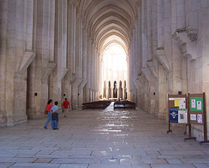 Interior of the Alcobaca Monastery. The Alcobaca Monastery is one of the most important early Gothic monasteries in Portugal. AlcobacaNave1.jpg