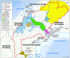 Carte du canal de Panama avec le Barro Colorado Nature Monument au centre en orange dont l'île Barro Colorado.