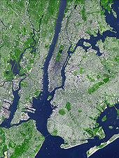 This false-color satellite image illustrates topography of the urban core of the New York metropolitan area, with Manhattan at its center. Aster newyorkcity lrg.jpg