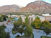 The campus of Brigham Young University, in Provo, Utah, one of several educational institutions sponsored by the church BYU mountain view.JPG