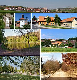 • Above: View of Jehnice from the south • Left 1 (left): Monument to the victims of wars • Left 1 (right): Belfry on Nám. 3. května • Left 2: Pond U Lesa • Left 3: Jehnice cemetery • Right 1: Blanenská Street • Right 2: Family suburban development • Right 3: The former Brno–Tišnov line