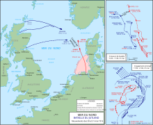 Carte des manœuvres Britanniques fin mai 1916, lors de la bataille du Jutland.