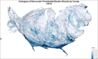 Cartogram (county sizes adjusted proportionate to 1910 census populations) of Democratic presidential election results by county