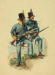 Deux tirailleurs en reconnaissance, coiffés de chapeau haut-de-forme.