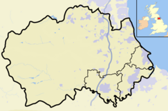 Map of England and Wales with a red dot representing the location of the Bowes Moor SSSI, Co Durham