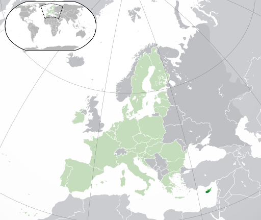 Location of Cyprus (pictured lower right), showing a Republic of Cyprus in darker green and the self-declared republic of Northern Cyprus in brighter green, with a rest of the European Union portrayed in faded green