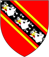 Arms of Edgcumbe, Earls of Mount Edgcumbe: Gules, on a bend ermines cotised or three boar's heads couped argent EdgcumbeArms.png