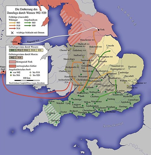 Unification of England and Defeat of the Danelaw in the 10th century under Wessex. Eroberung des Danelags.jpg