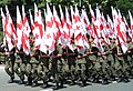 Flags of Georgia in Rustaveli Avenue, Tbilisi, on a military parade during the Indepedence Day celebration (May 26, 2008).jpg