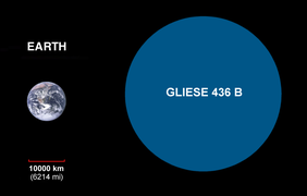 Comparaison de la taille relative entre la Terre et la taille de Gliese 436 b.