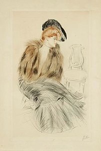 Dona elegant amb abric de pell. Punta seca, impressió en color
