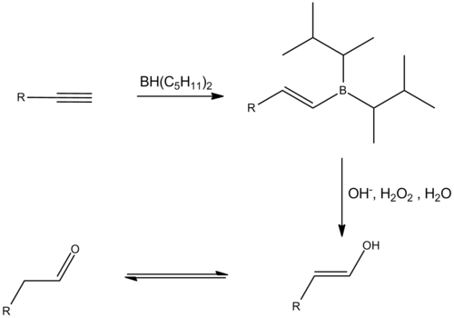 Mechanisme van de hydroborering-oxidatie op alkynen.